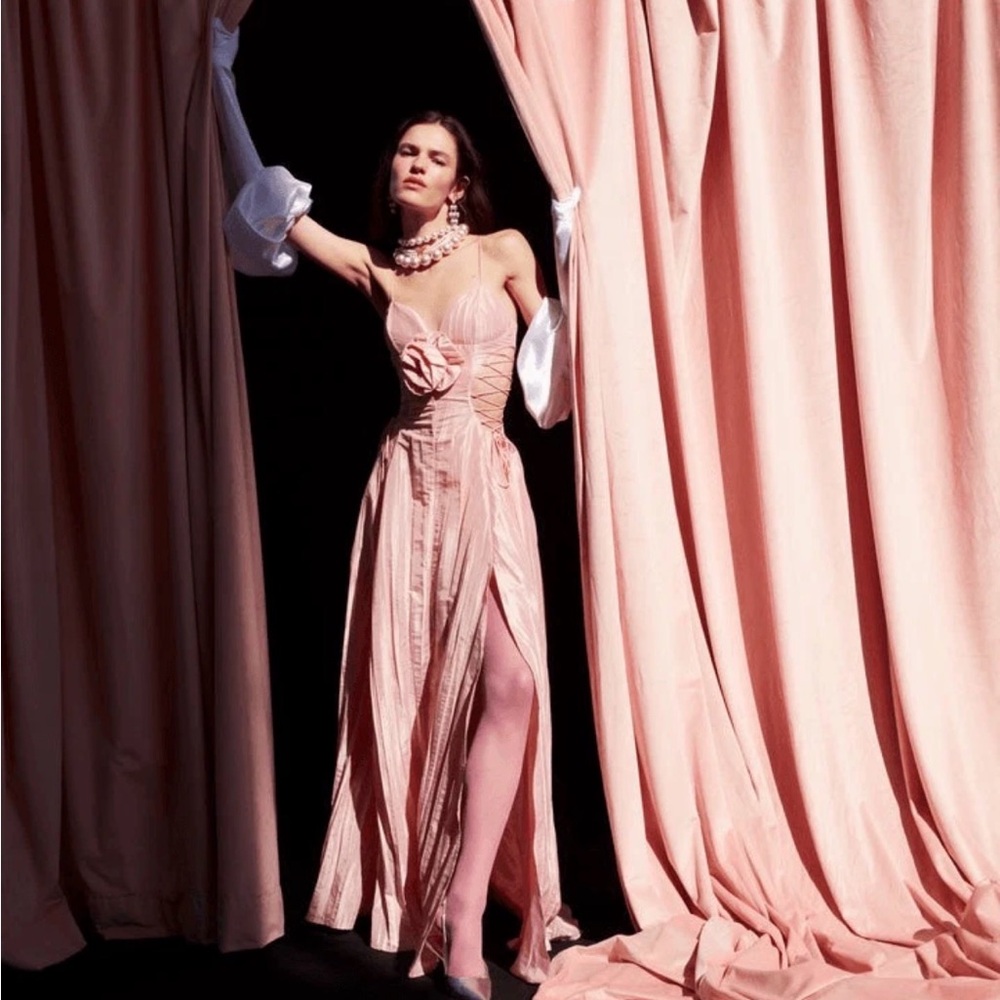 For Love & Lemons Gwenyth Blush Pink Maxi Dress with Lace-Up Detail
